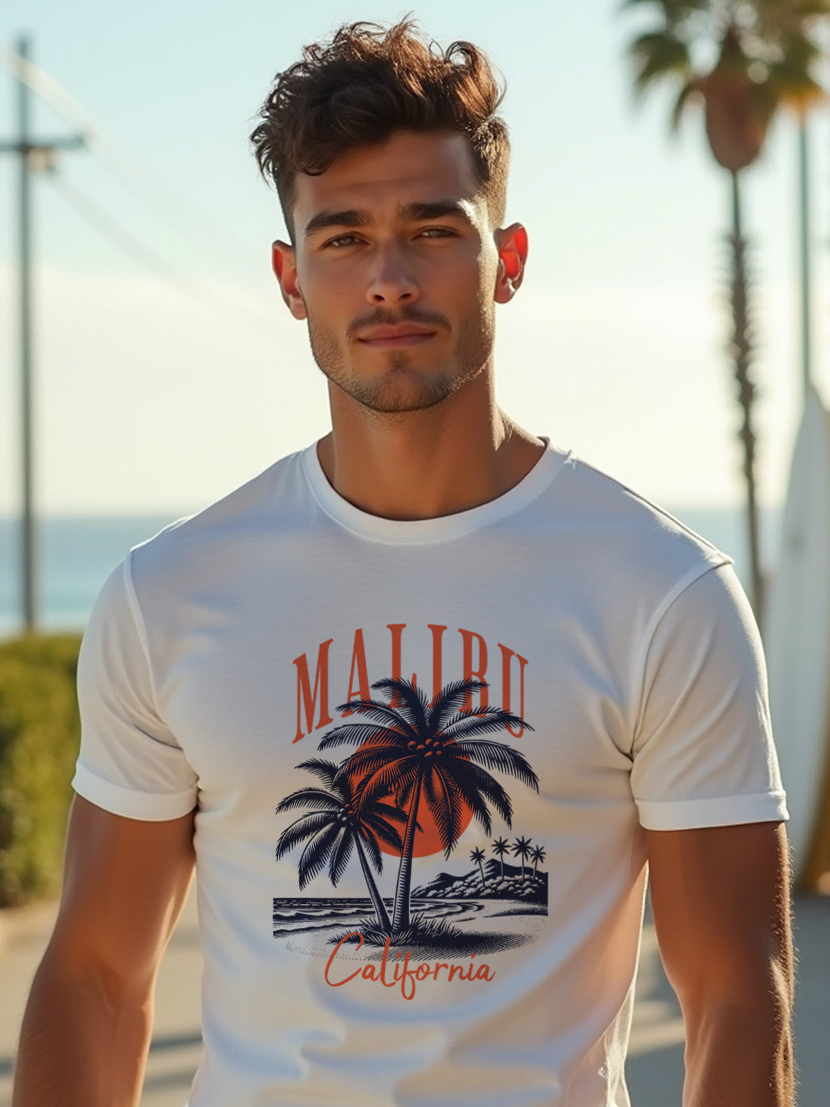 Men's White Malibu California Printed Classic Fit T-Shirt